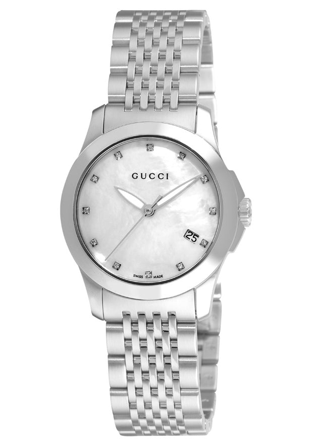 Gucci G Timeless Diamonds Mother of Pearl Dial Silver Steel Strap Watch For Women - YA126504 Watches Gucci   