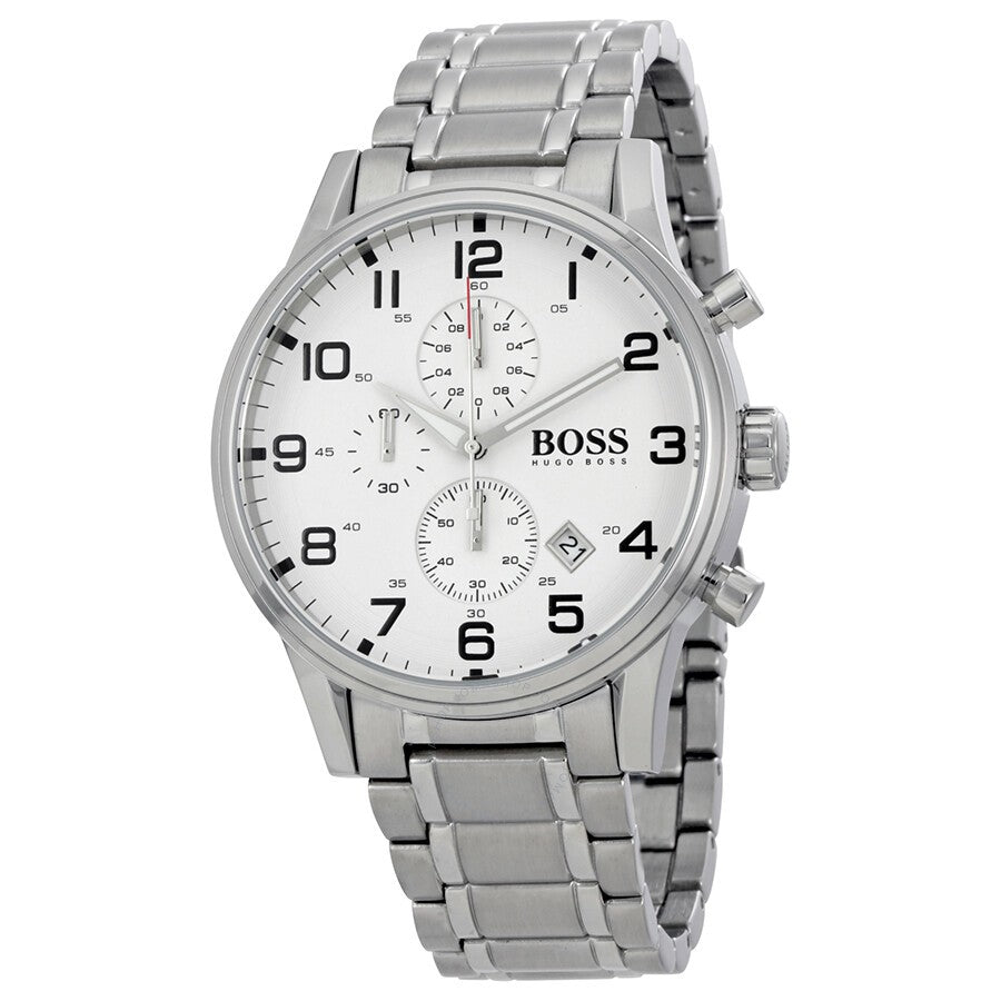 Hugo Boss Aeroliner Chronograph White Dial Silver Steel Strap Watch for Men - 1513182 Watches Hugo Boss   