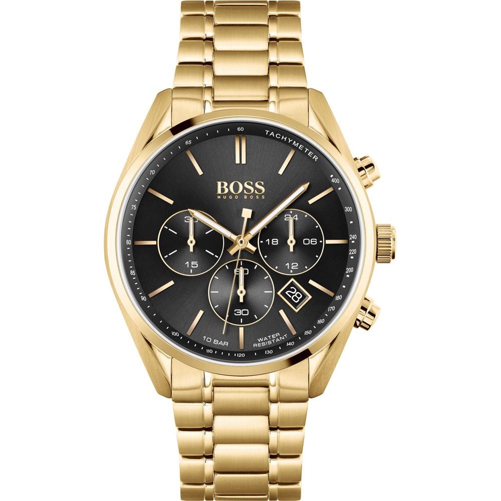 Hugo Boss Champion Black Dial Gold Steel Strap Watch for Men - 1513848 Watches Hugo Boss   