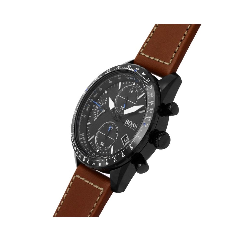 Hugo Boss Pilot Black Dial Brown Leather Strap Watch for Men - 1513851 Watches Hugo Boss   