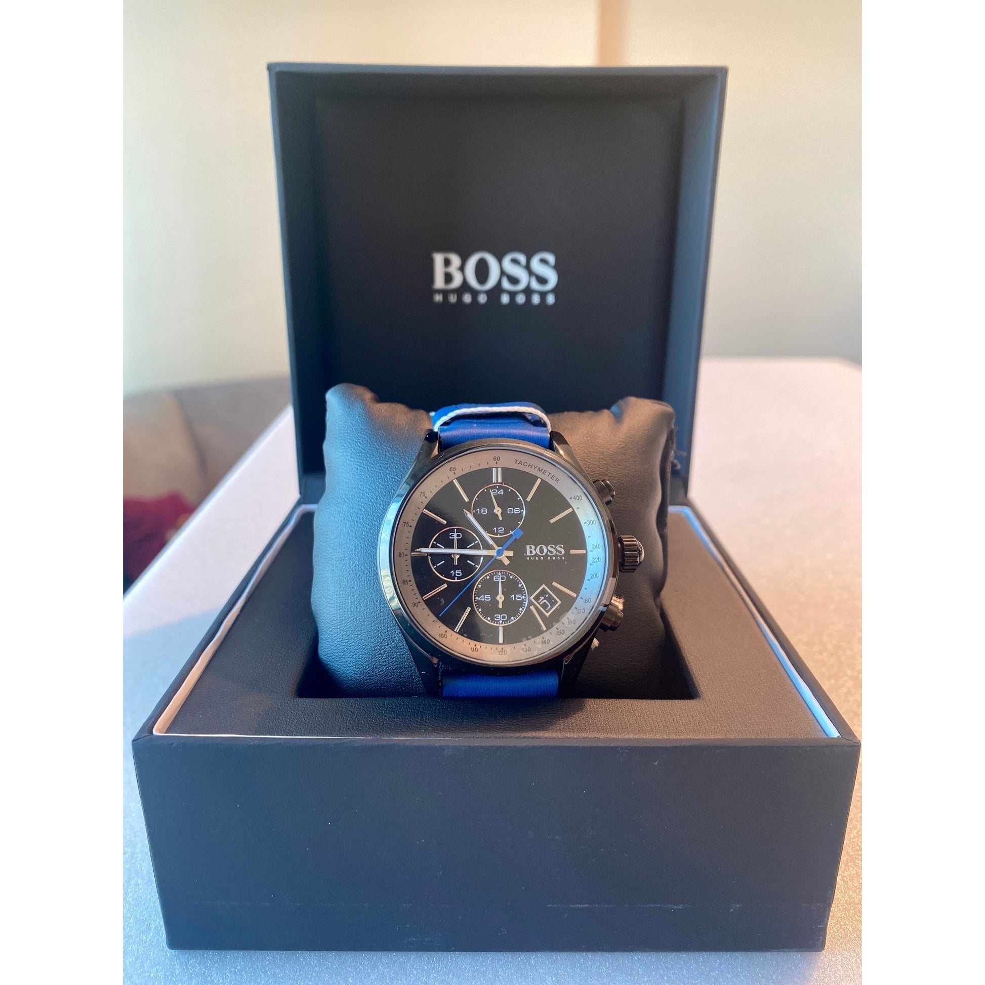 Hugo Boss Grand Prix Chronograph Black Dial Blue Leather Strap Watch for Men - 1513563 Watches Hugo Boss   
