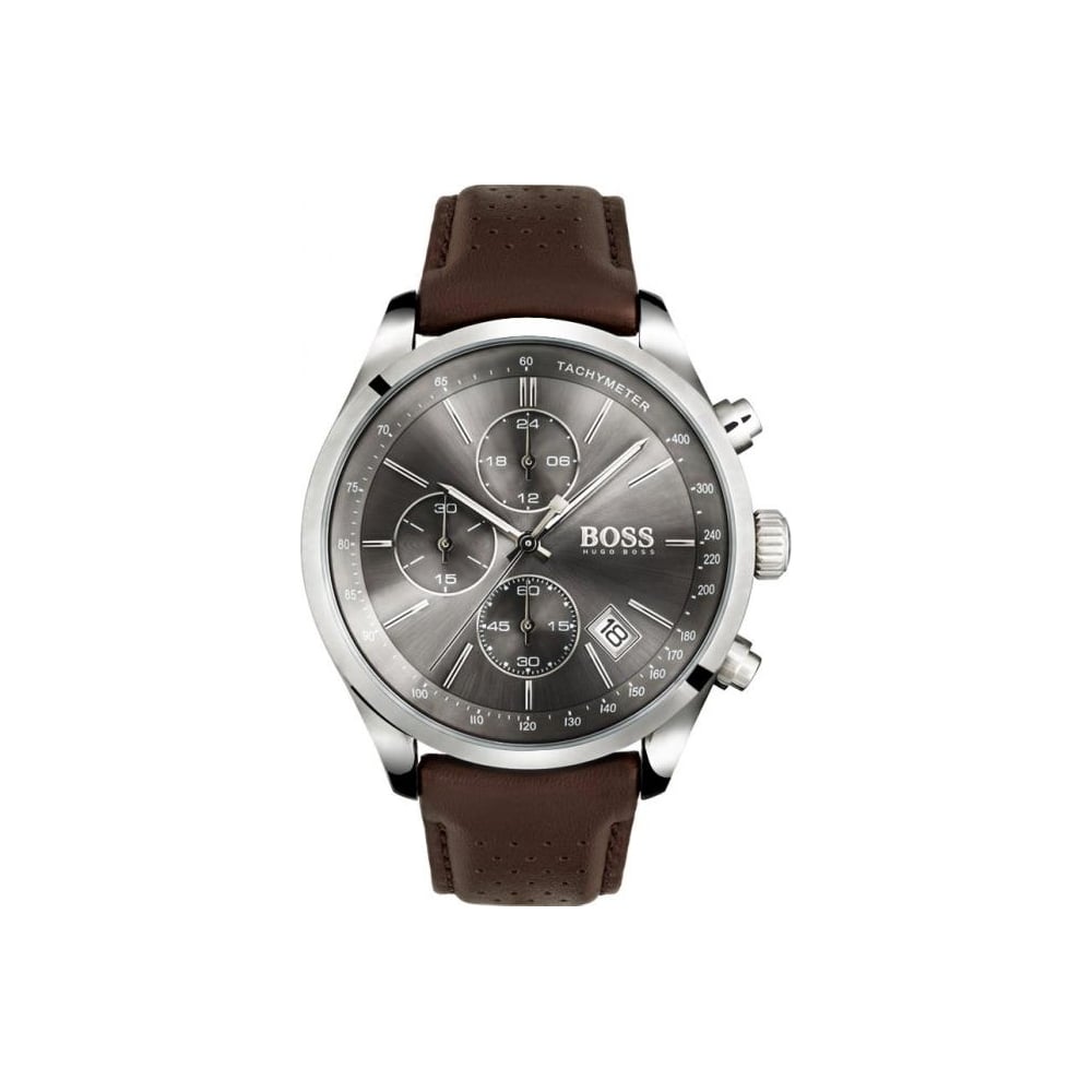 Hugo Boss Grand Prix Grey Dial Brown Leather Strap Watch for Men -  1513476 Watches Hugo Boss   