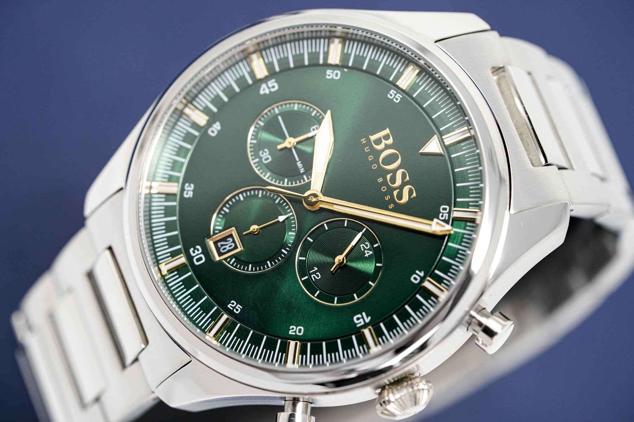 Hugo Boss Pioneer Green Dial Silver Steel Strap Watch for Men - 1513868 Watches Hugo Boss   