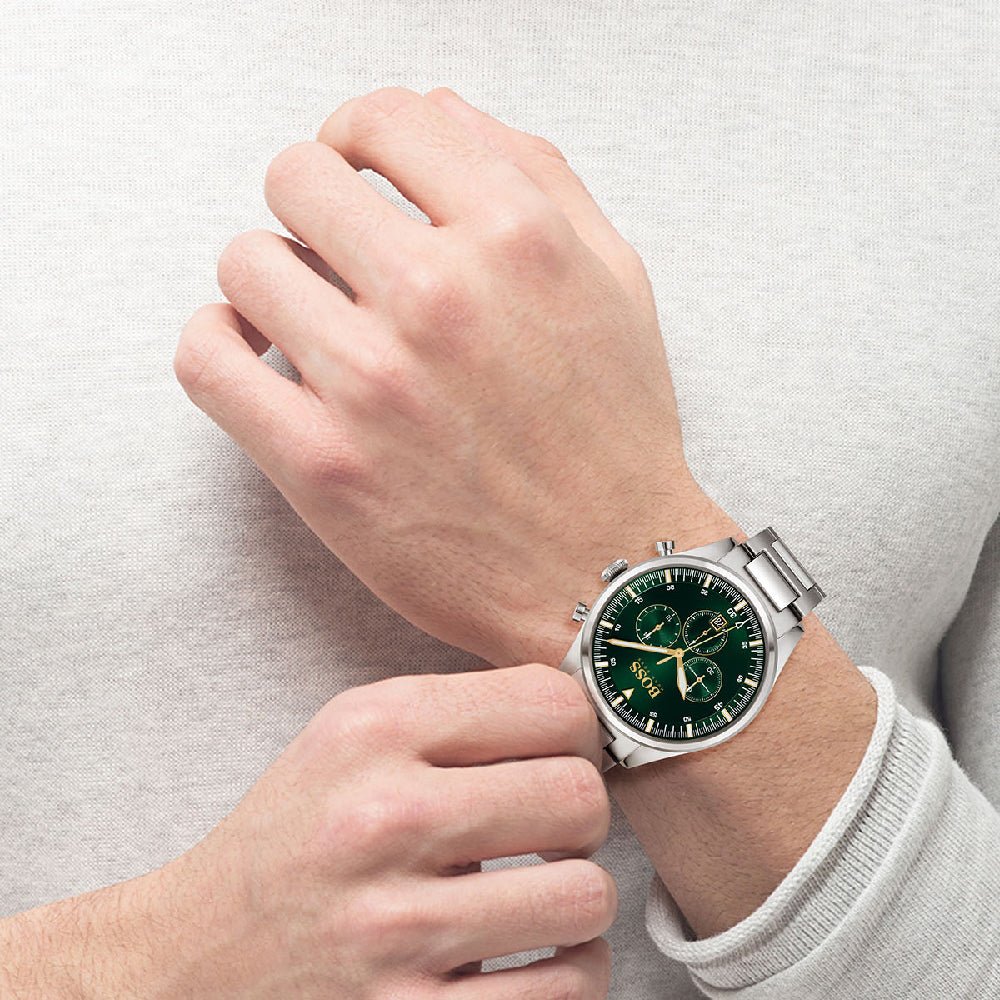 Hugo Boss Pioneer Green Dial Silver Steel Strap Watch for Men - 1513868 Watches Hugo Boss   