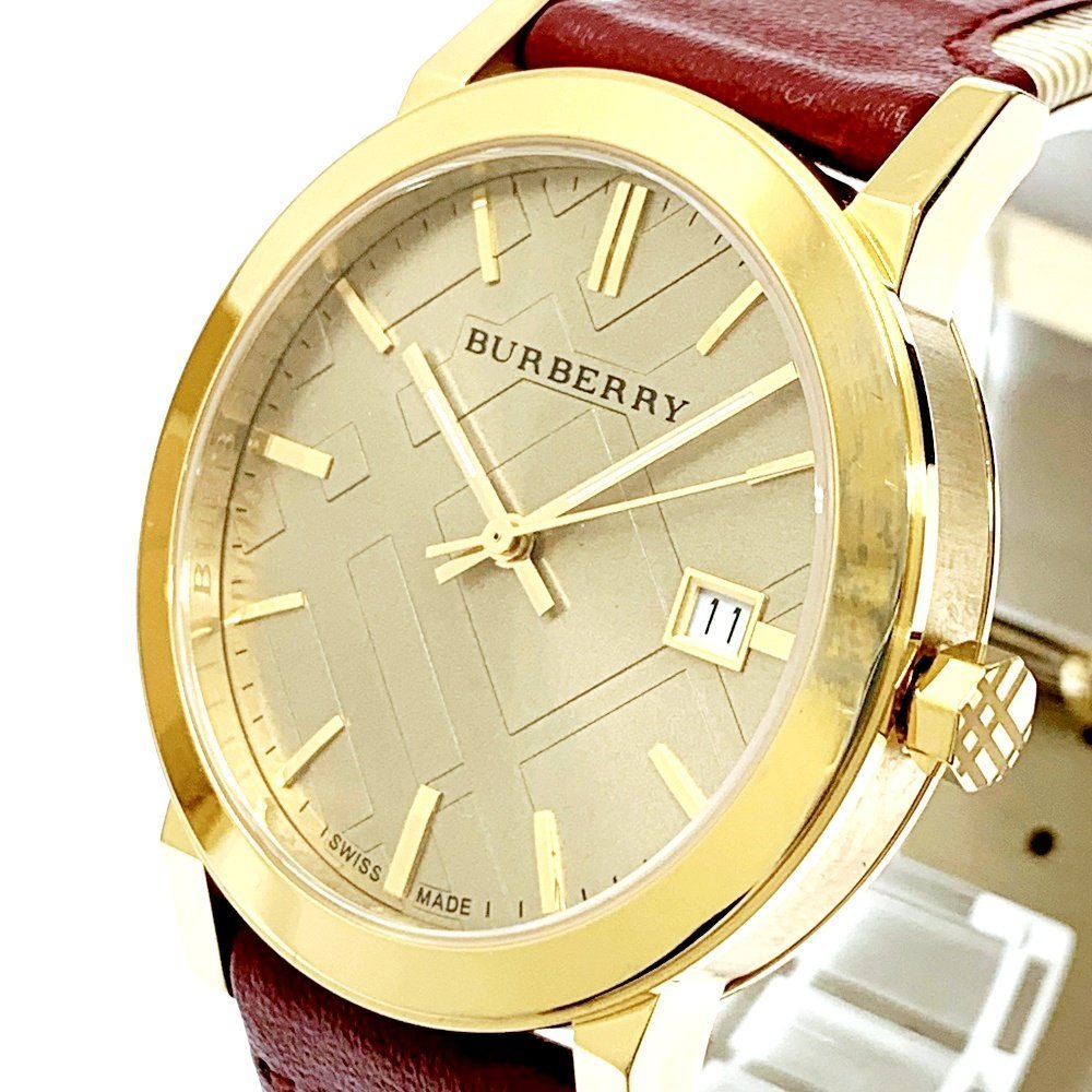 Burberry The City Gold Dial Maroon Leather Strap Watch for Women - BU9017 Watches Burberry   