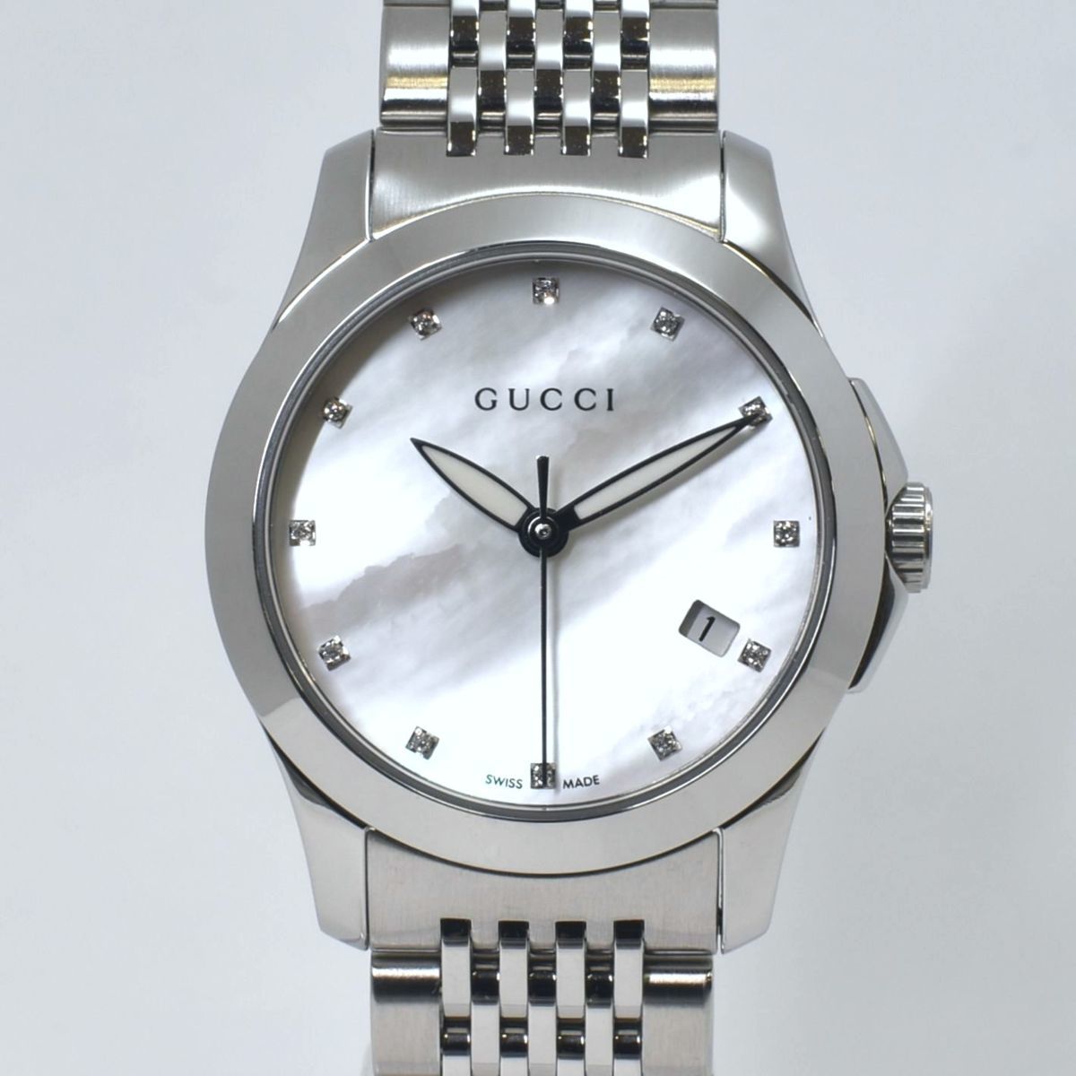 Gucci G Timeless Diamonds Mother of Pearl Dial Silver Steel Strap Watch For Women - YA126504 Watches Gucci   