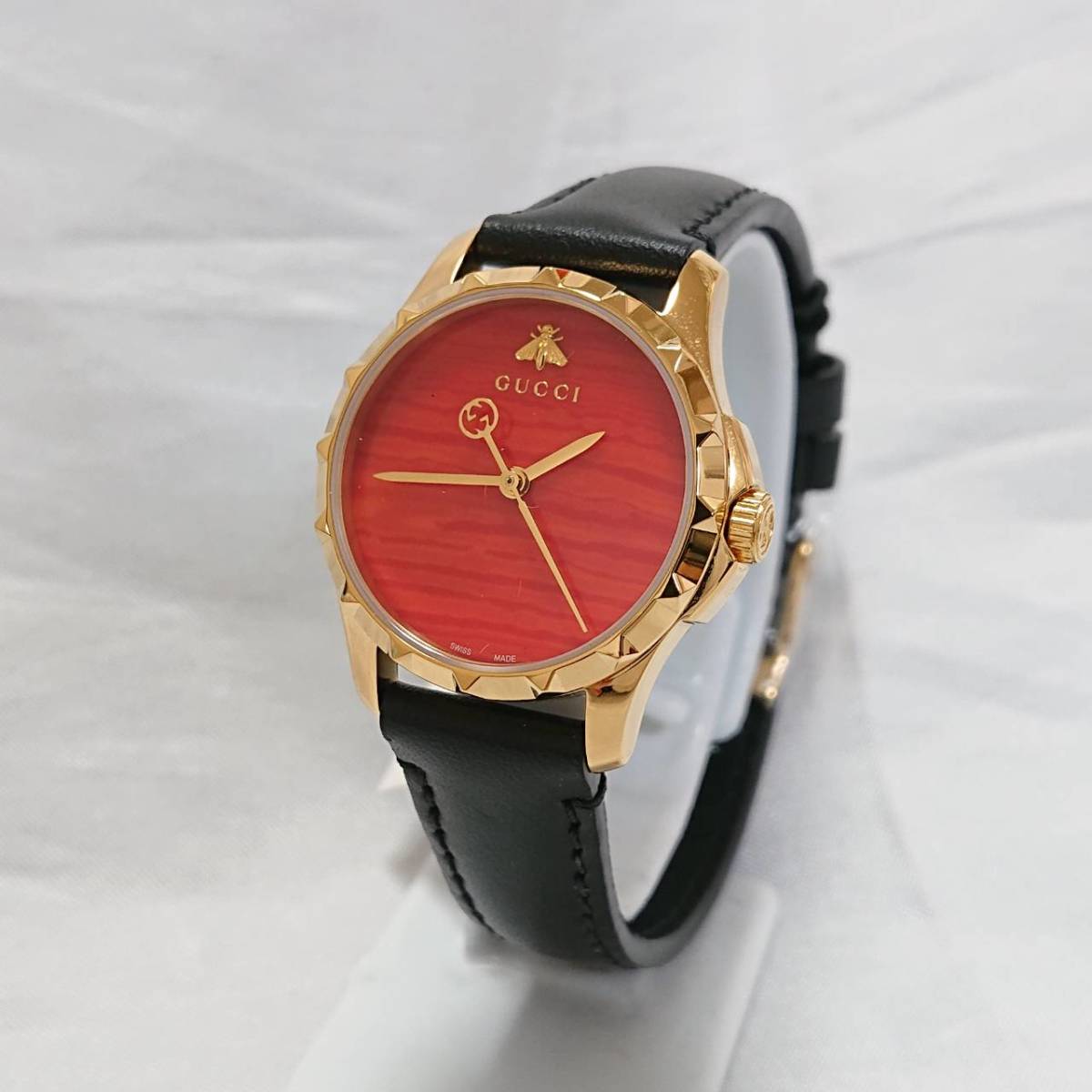 Gucci G Timeless Coral Red Dial Black Leather Strap Watch For Men - YA126464 Watches Gucci   