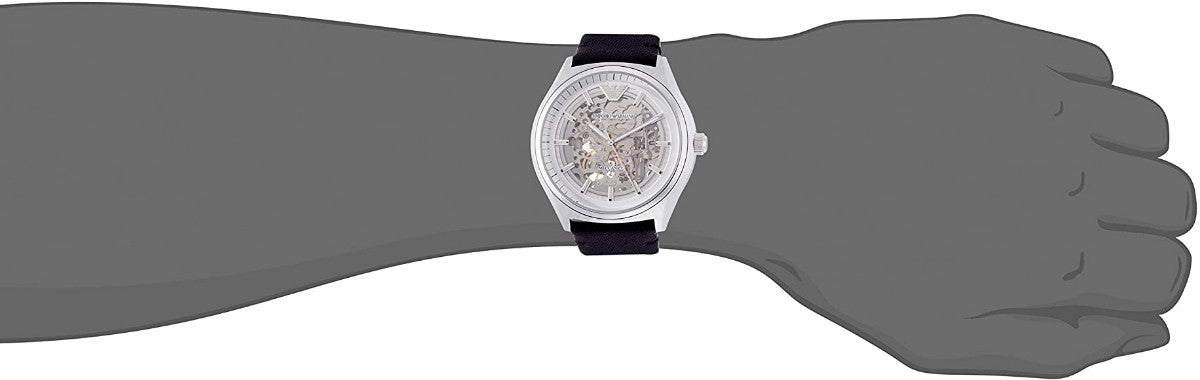 Emporio Armani Meccanico White Skeleton Dial Black Leather Strap Watch For Men - AR60003 Watches Emporio Armani   