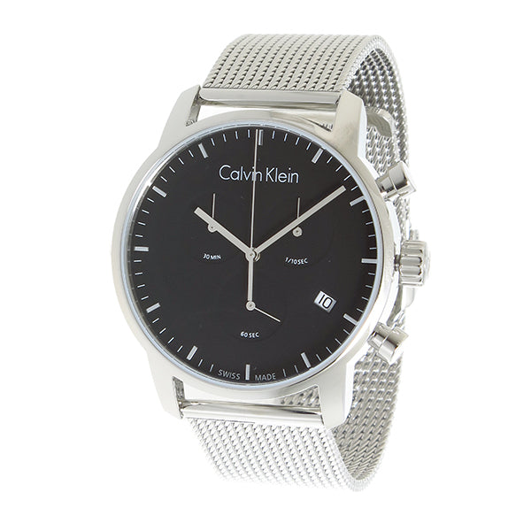 Calvin Klein City Chronograph Black Dial Silver Mesh Bracelet Watch for Men - K2G27121 Watches Calvin Klein   