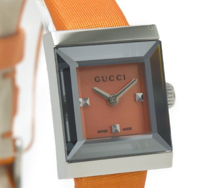 Gucci G-Frame Square Mother of Pearl Orange Dial Orange Leather Strap Watch For Women - YA128532 Watches Gucci   