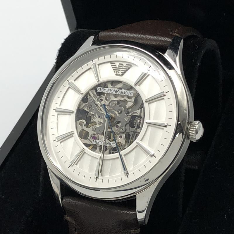 Emporio Armani Meccanico White Dial Brown Leather Strap Watch For Men - AR1946 Watches Emporio Armani   