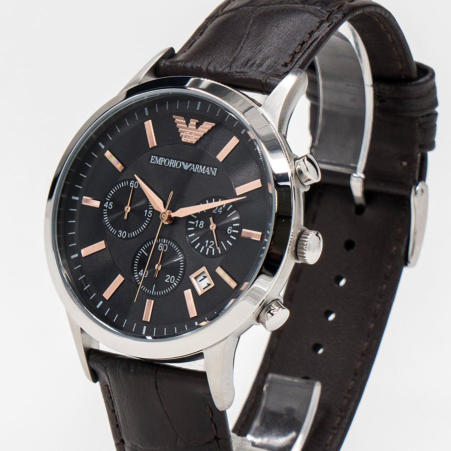 Emporio Armani Renato Chronograph Grey Dial Brown Leather Strap Watch For Men - AR2513 Watches Emporio Armani   