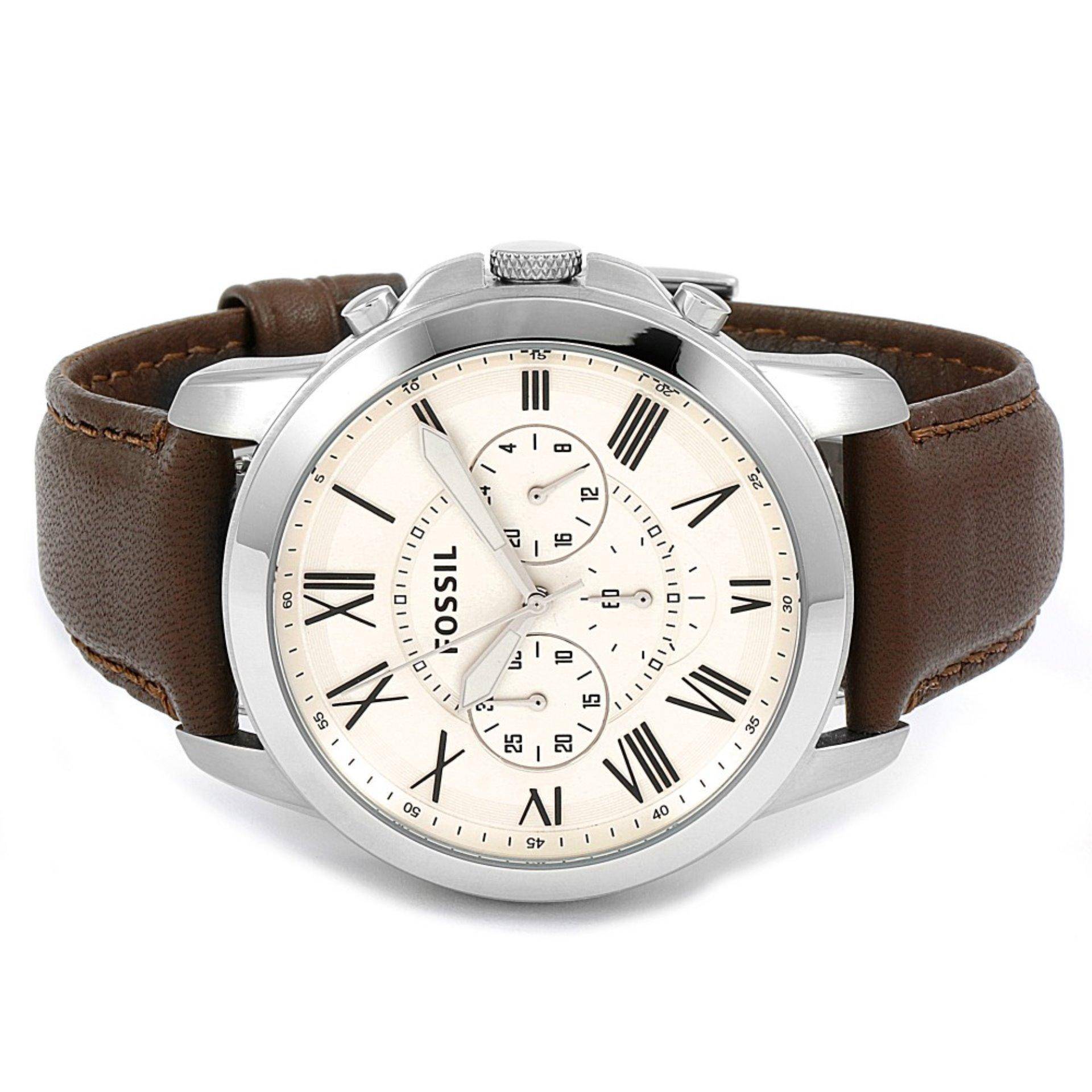 Fossil Grant Chronograph Beige Dial Brown Leather Strap Watch for Men - FS4735 Watches Fossil   