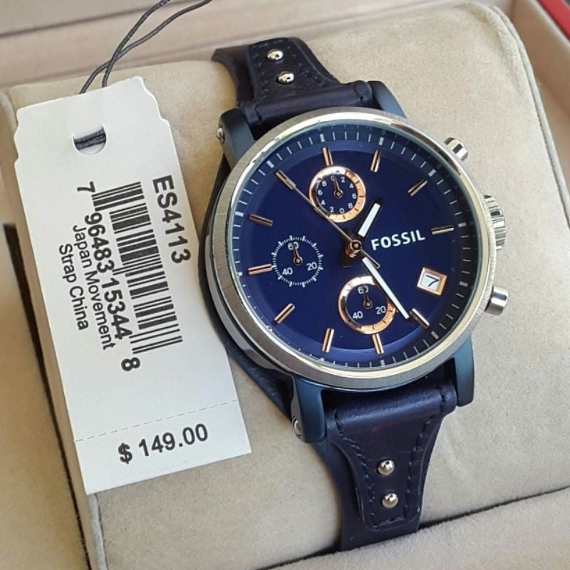 Fossil Boyfriend Sport Chronograph Blue Dial Blue Leather Strap Watch for Women - ES4113 Watches Fossil   