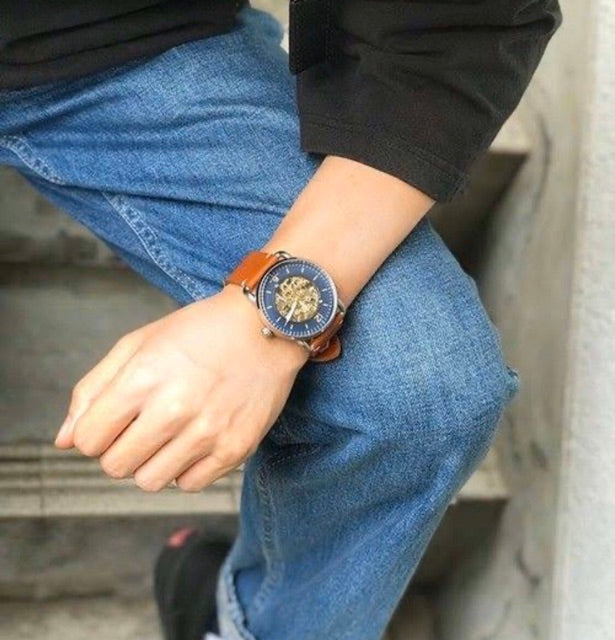 Fossil Commuter Automatic Skeleton Blue Dial Brown Leather Strap Watch for Men - ME3159 Watches Fossil   