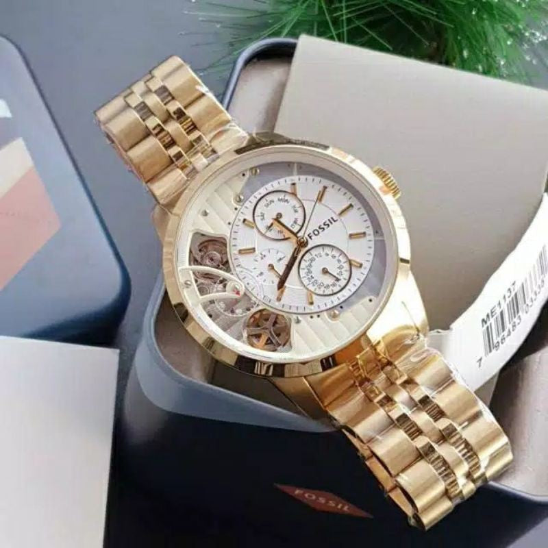 Fossil Skeleton Chronograph Gold Dial Gold Steel Strap Watch for Men -  ME1137 Watches Fossil   