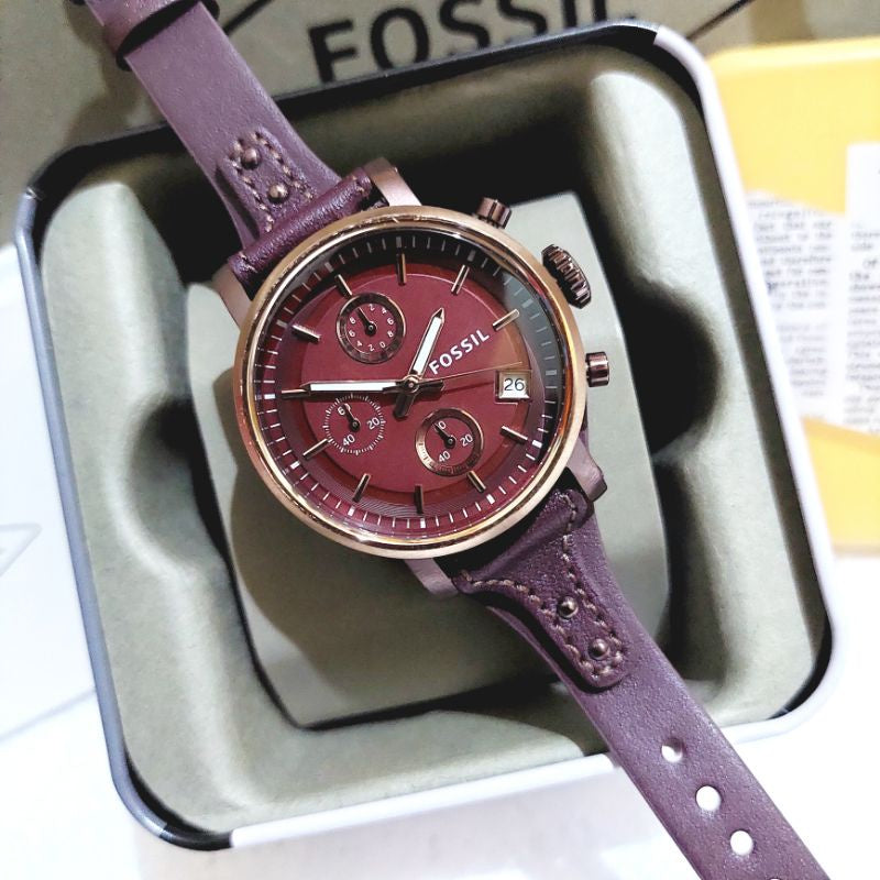 Fossil Original Boyfriend Sport Chronograph Maroon Dial Maroon Leather Strap Watch for Women - ES4114 Watches Fossil   