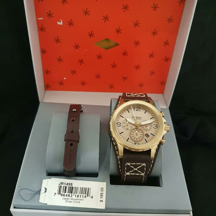 Fossil Nate Chronograph Gold Dial Brown Leather Strap Watch for Men - JR1495 Watches Fossil   