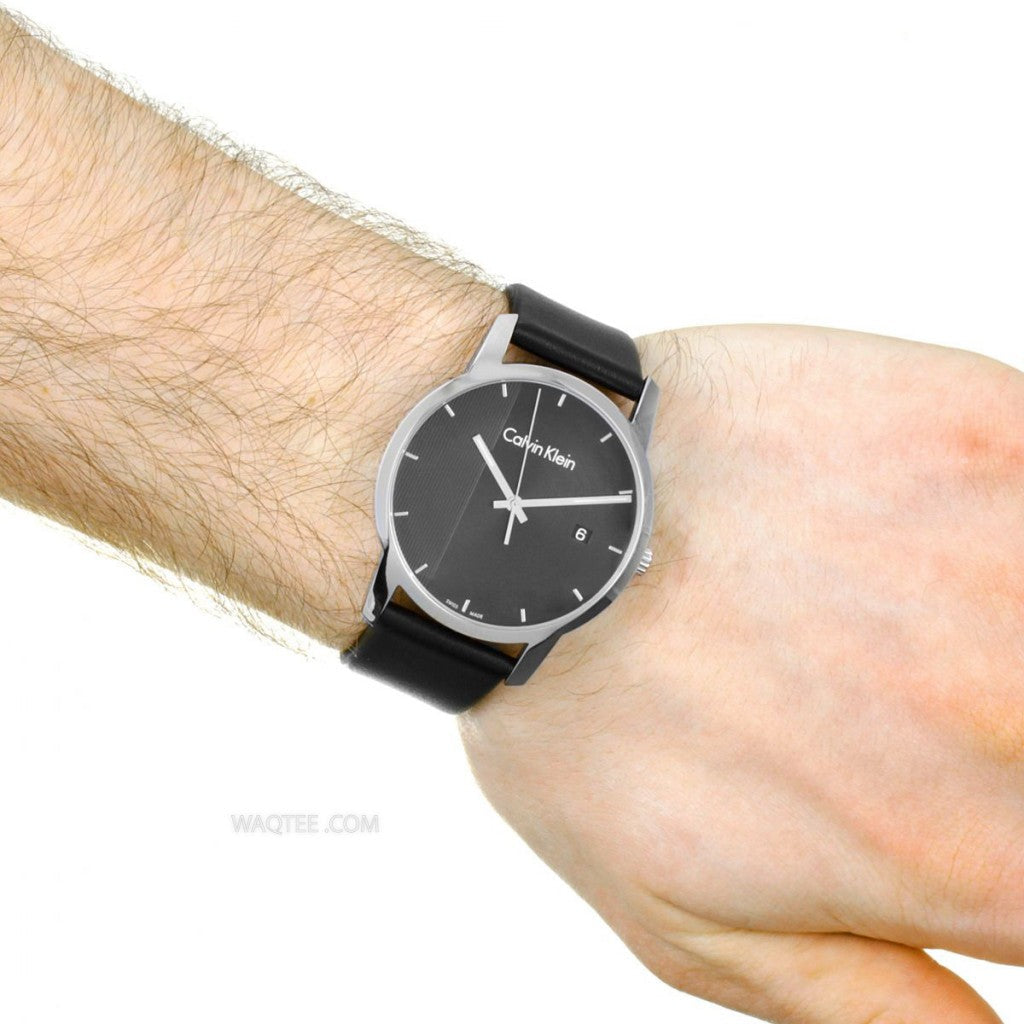 Calvin Klein City Quartz Black Dial Black Leather Strap Watch for Men - K2G2G1C1 Watches Calvin Klein   