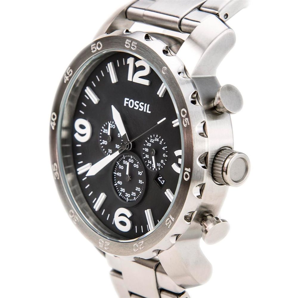 Fossil Nate Chronograph Black Dial Silver Steel Strap Watch for Men - JR1353 Watches Fossil   