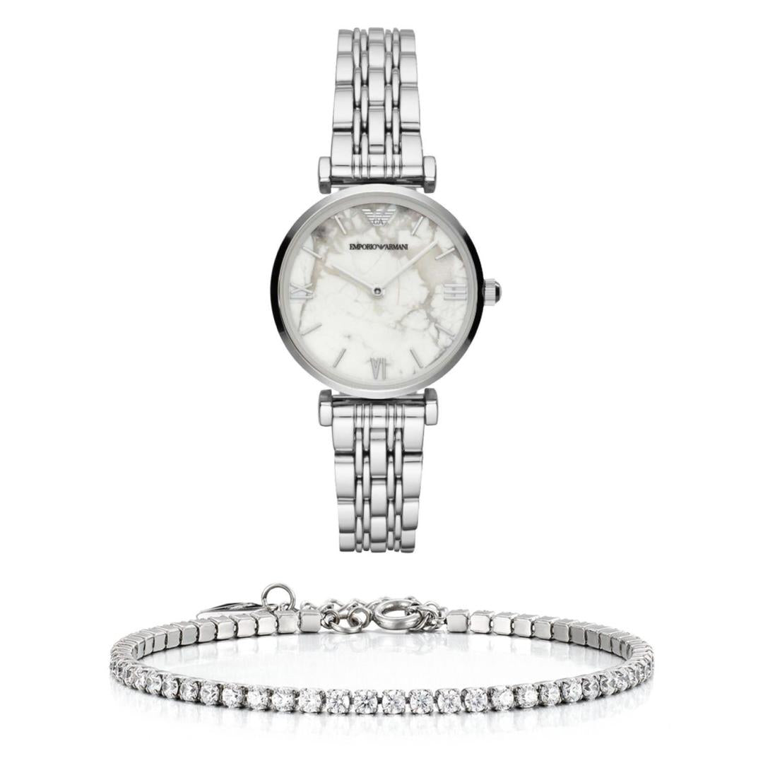 Emporio Armani Gianni T Bar White Marble Dial Stainless Steel Watch For Women - AR11170 Watches Emporio Armani   