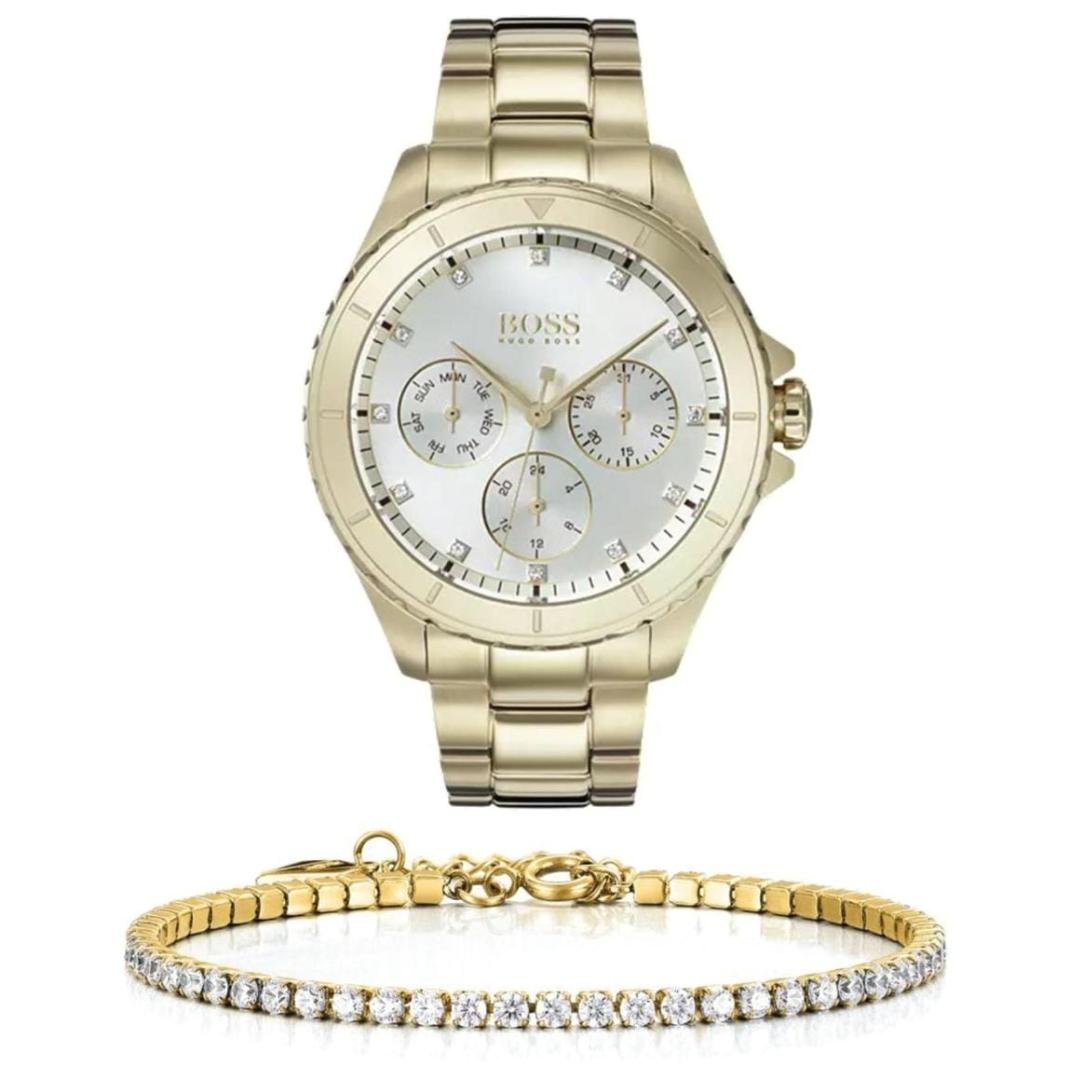 Hugo Boss Premiere White Dial Gold Steel Strap Watch for Women - 1502445 Watches Hugo Boss   