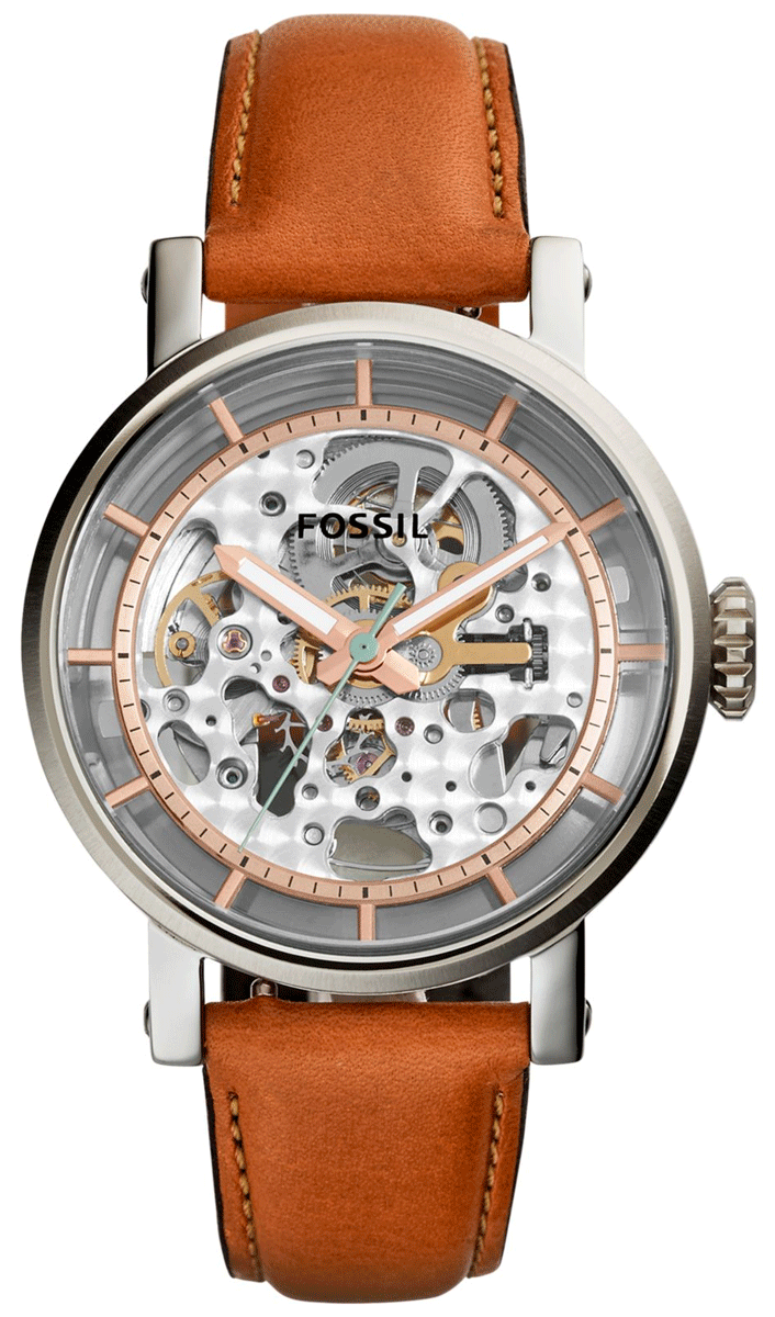 Fossil Boyfriend Automatic Skeleton Silver Dial Brown Leather Strap Watch for Women - ME3109 Watches Fossil   