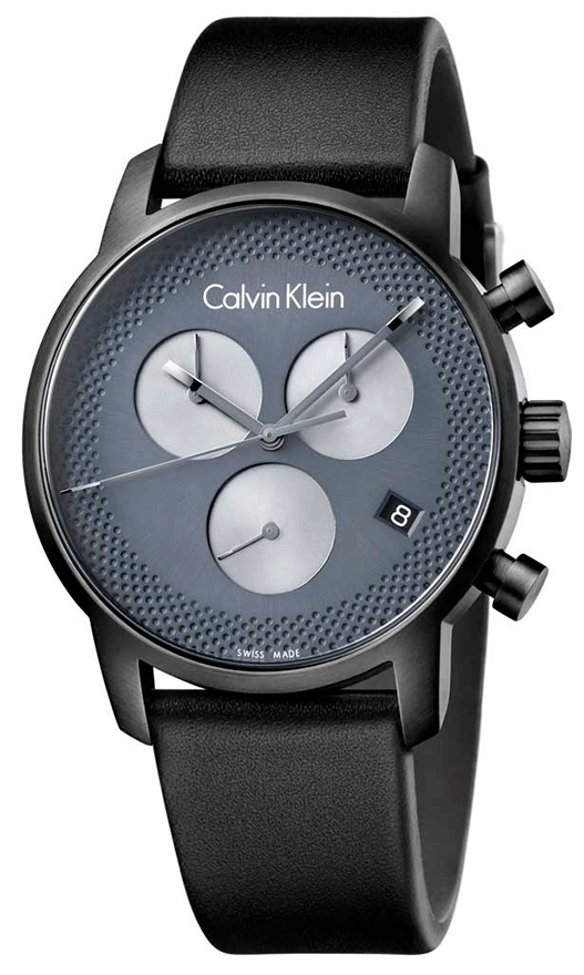 Calvin Klein City Chronograph Grey Dial Black Leather Strap Watch for Men - K2G177C3 Watches Calvin Klein   