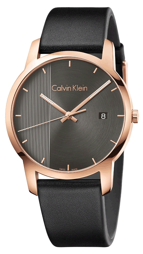 Calvin Klein City Quartz Grey Dial Black Leather Strap Watch for Men - K2G2G6C3 Watches Calvin Klein   