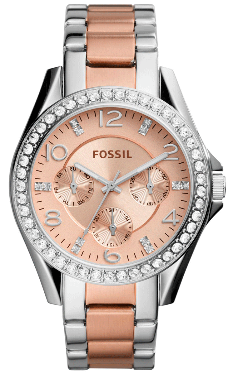 Fossil Riley Multifunction Rose Gold Dial Two Tone Steel Strap Watch for Women - ES4145 Watches Fossil   