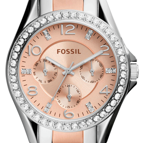 Fossil Riley Multifunction Rose Gold Dial Two Tone Steel Strap Watch for Women - ES4145 Watches Fossil   