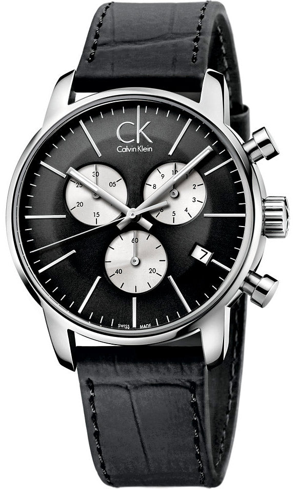 Calvin Klein City Chronograph Black Dial Black Leather Strap Watch for Men - K2G271CX Watches Calvin Klein   