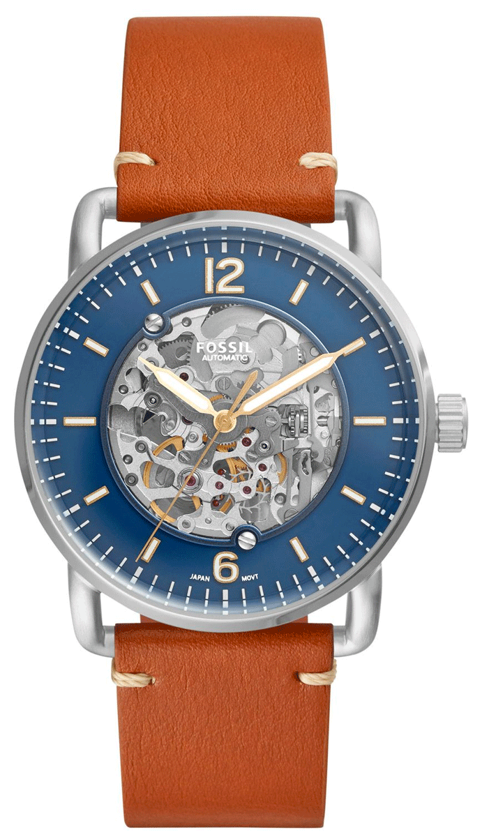 Fossil Commuter Automatic Skeleton Blue Dial Brown Leather Strap Watch for Men - ME3159 Watches Fossil   