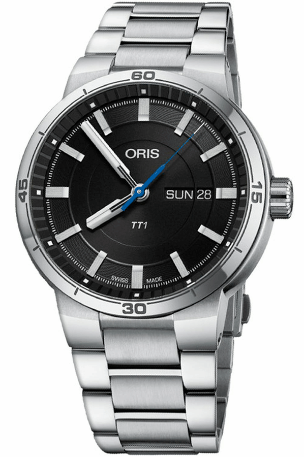 Oris TT1 Day Date Black Dial Silver Steel Strap Watch For Men - 0173577524154-0782408