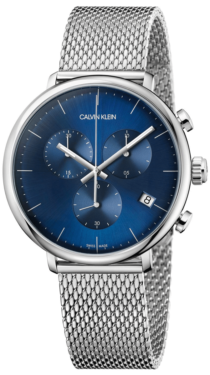 Calvin Klein High Noon Chronograph Blue Dial Silver Mesh Bracelet Watch for Men - K8M2712N Watches Calvin Klein   