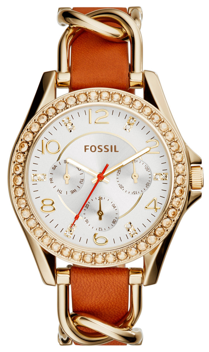 Fossil Riley Multifunction White Dial Orange Leather Strap Watch for Women - ES3723 Watches Fossil   