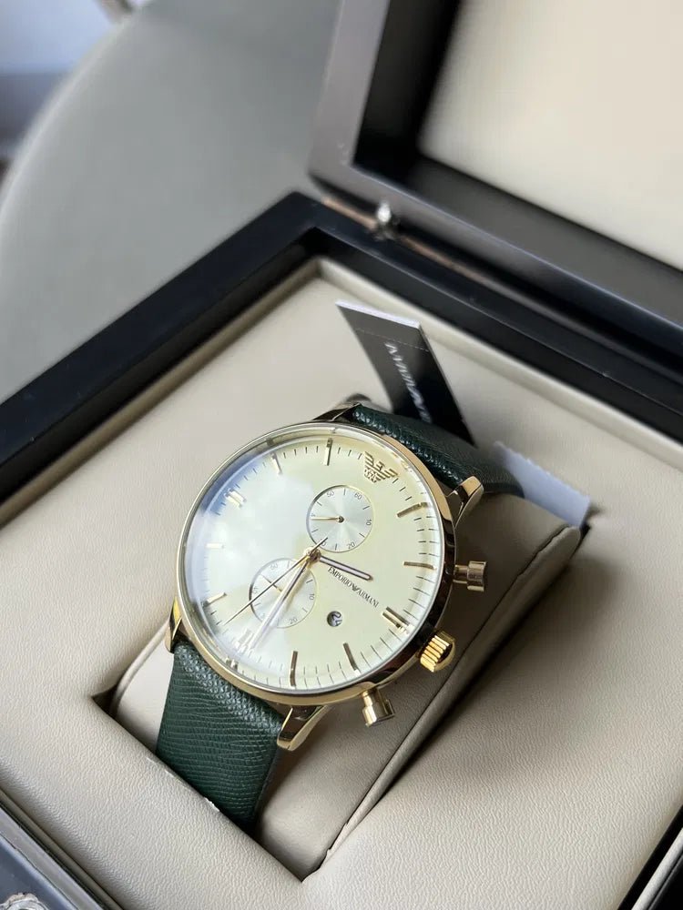 Emporio Armani Chronograph Champagne Dial Green Leather Strap Watch For Men - AR1722 Watches Emporio Armani   