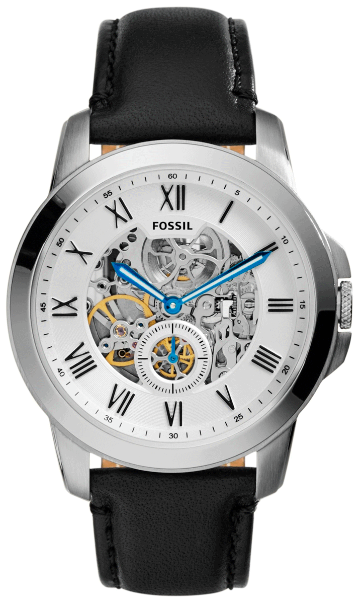 Fossil Grant Skeleton White Dial Black Leather Strap Watch for Men -  ME3053 Watches Fossil   