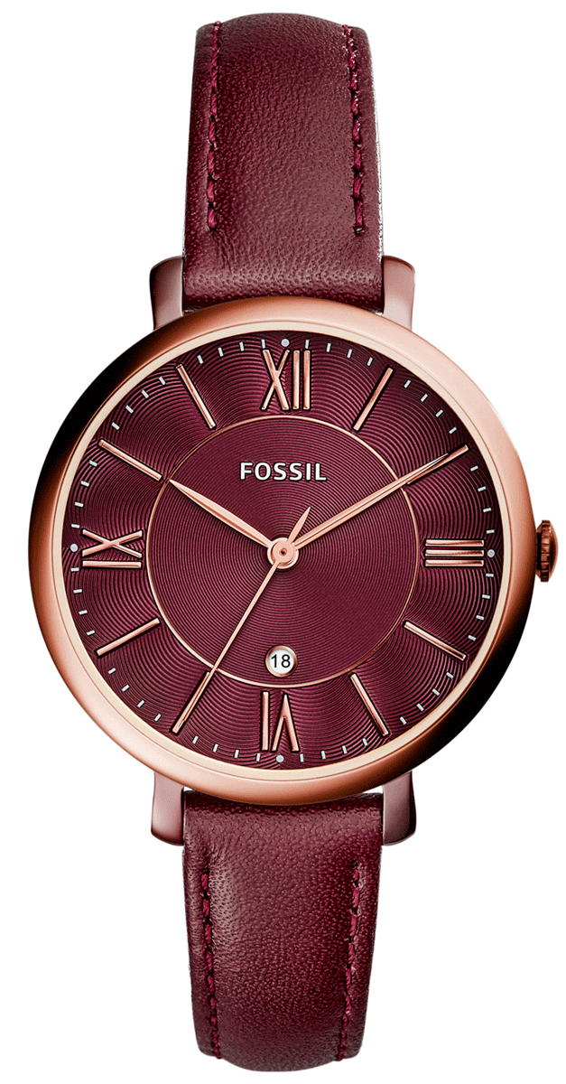 Fossil Jacqueline Burgundy Dial Burgundy Leather Strap Watch for Women  - ES4099 Watches Fossil   