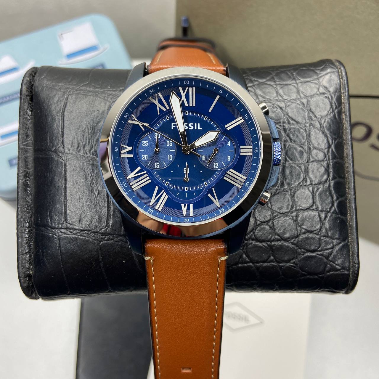 Fossil Grant Chronograph Blue Dial Brown Leather Strap Watch for Men - FS5151 Watches Fossil   