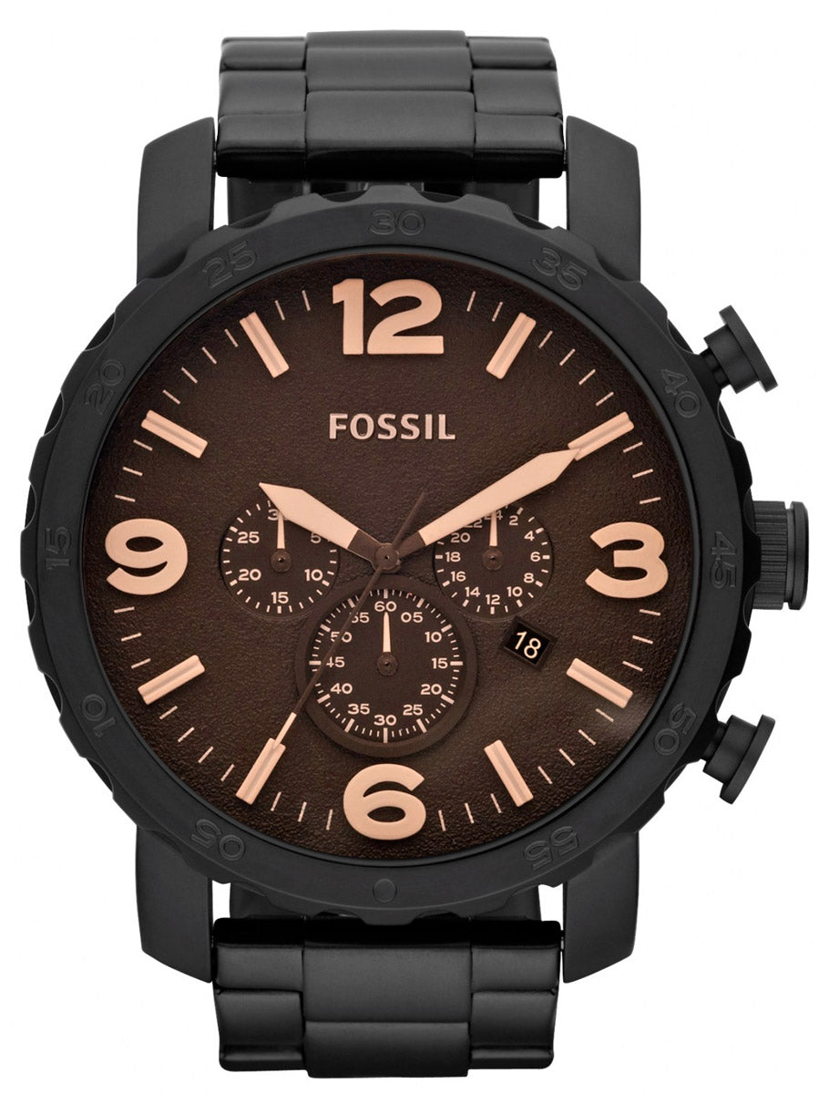 Fossil Nate Chrongraph Black Ion Plated Black Dial Black Steel Strap Watch for Men - JR1356 Watches Fossil   