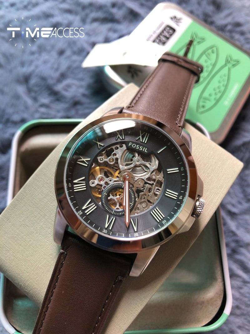 Fossil Grant Automatic Skeleton Black Dial Brown Leather Strap Watch for Men - ME3095 Watches Fossil   