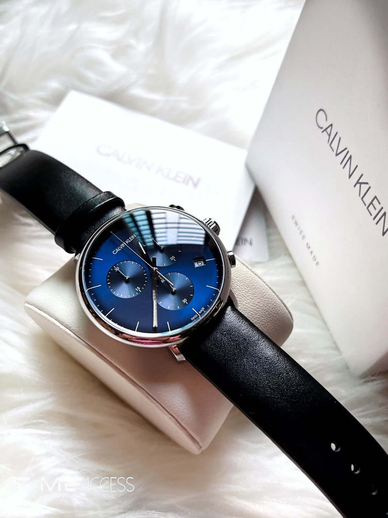 Calvin Klein High Noon Chronograph Blue Dial Black Leather Strap Watch for Men - K8M271CN Watches Calvin Klein   