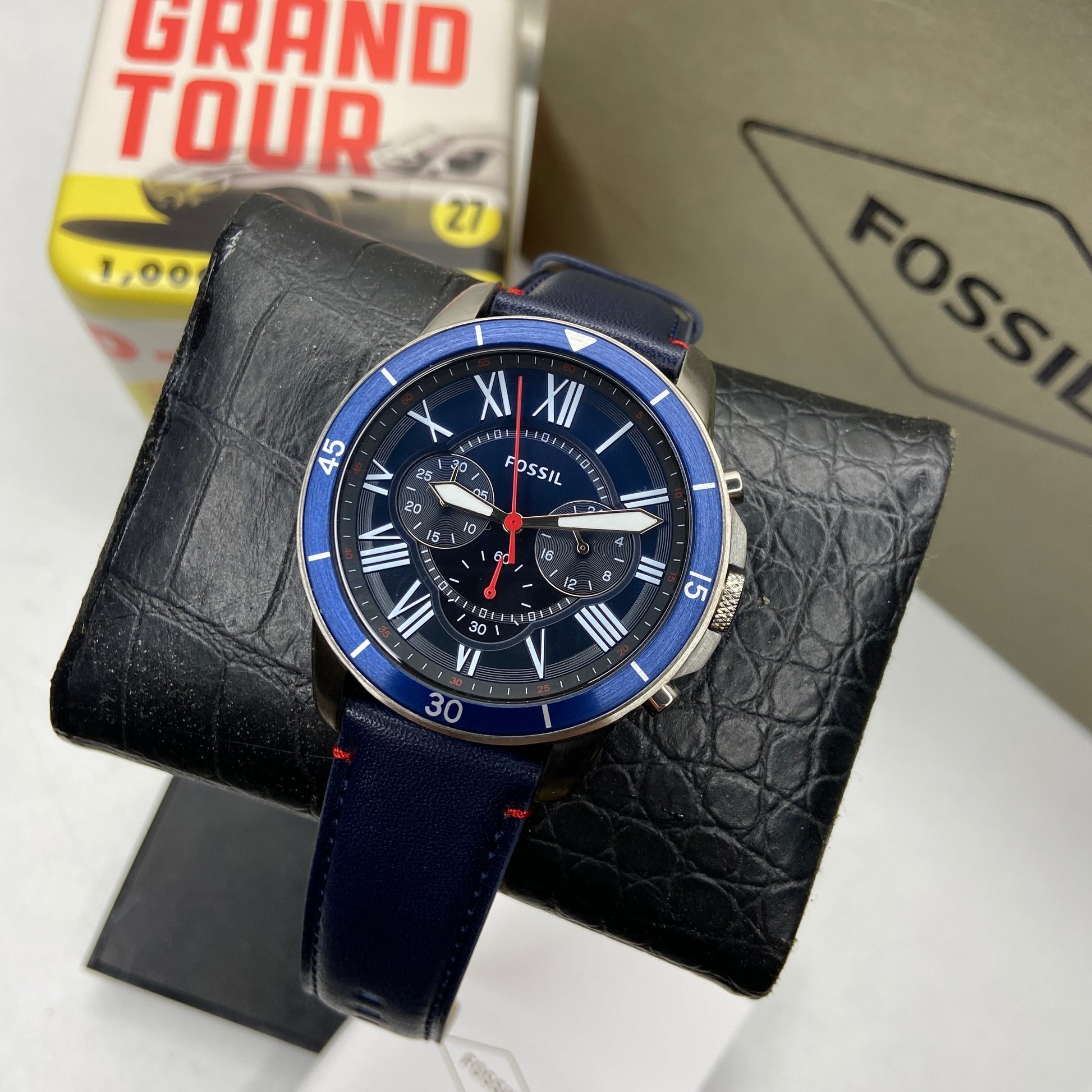 Fossil Grant Chronograph Blue Dial Blue Leather Strap Watch for Men - FS5373 Watches Fossil   