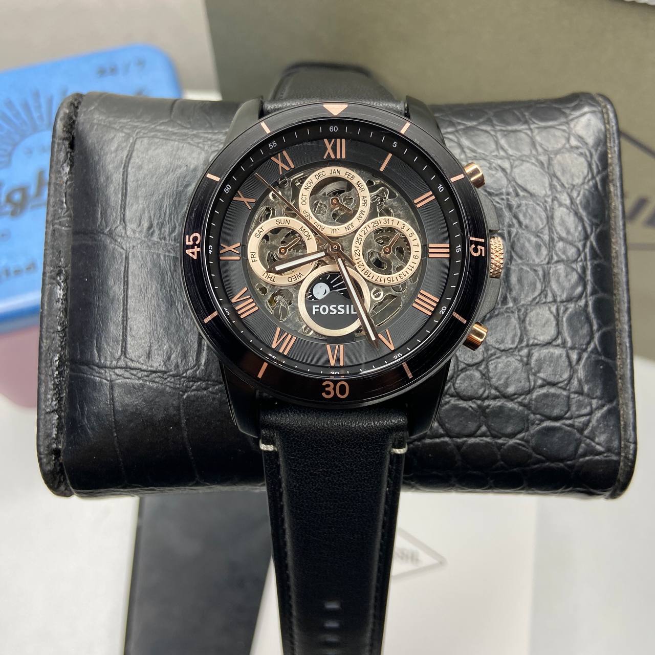 Fossil Grant Sport Automatic Skeleton Black Dial Black Leather Strap Watch for Men - ME3138 Watches Fossil   