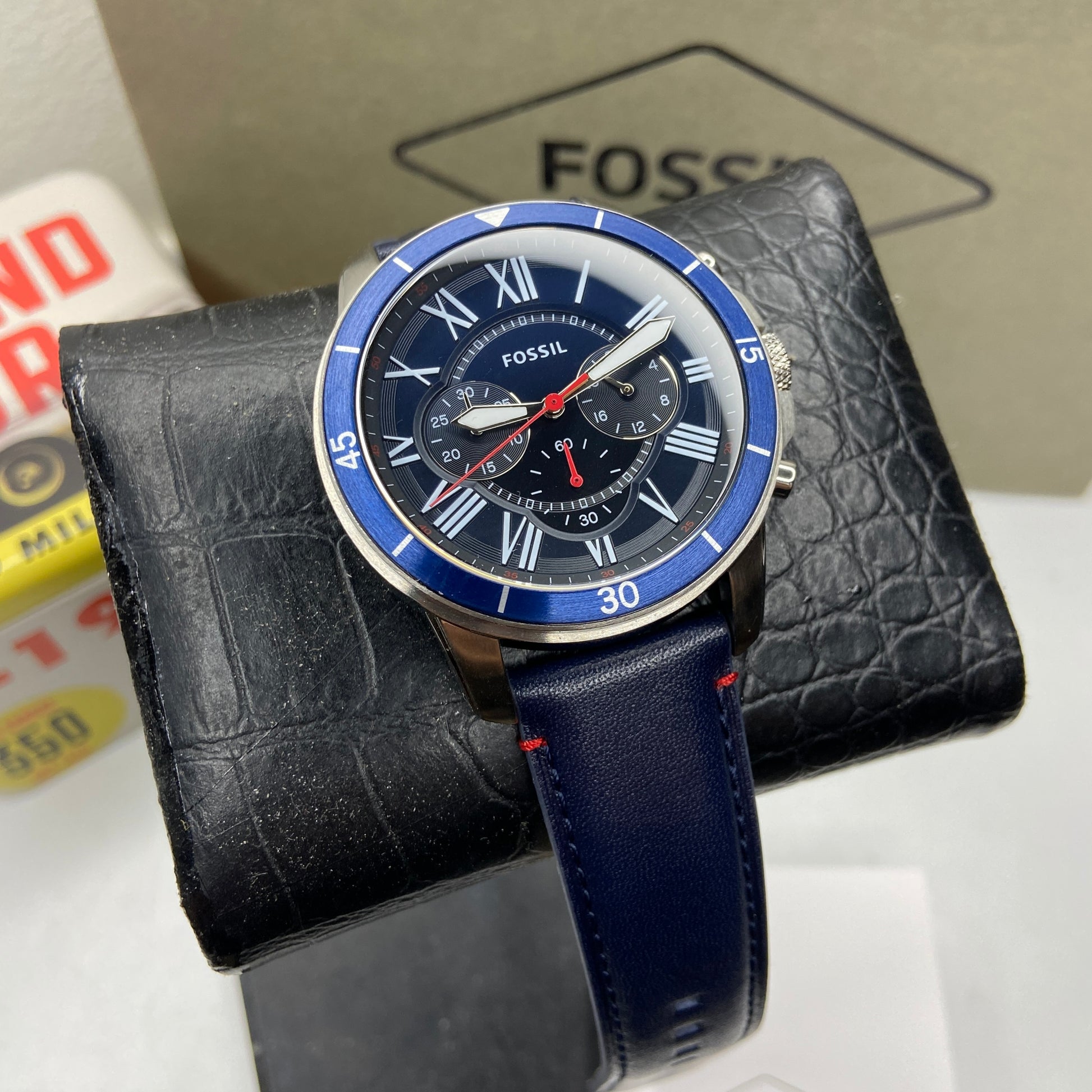 Fossil Grant Chronograph Blue Dial Blue Leather Strap Watch for Men - FS5373 Watches Fossil   