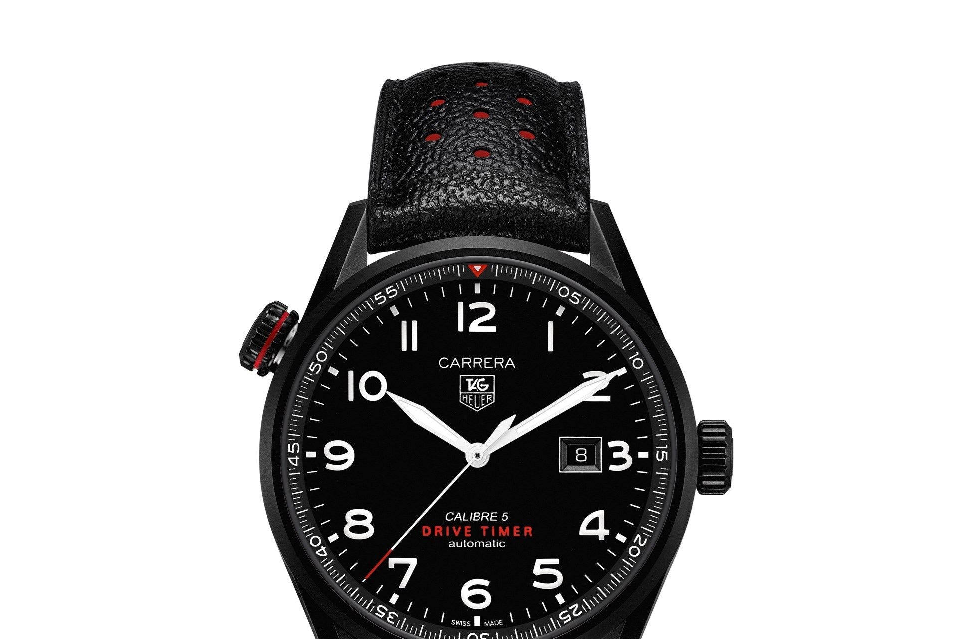 Tag Heuer Carrera Calibre 5 Drive Timer Black Dial Black Leather Strap Watch for Men - WAR2A80.FC6337 Watches Tag Heuer   