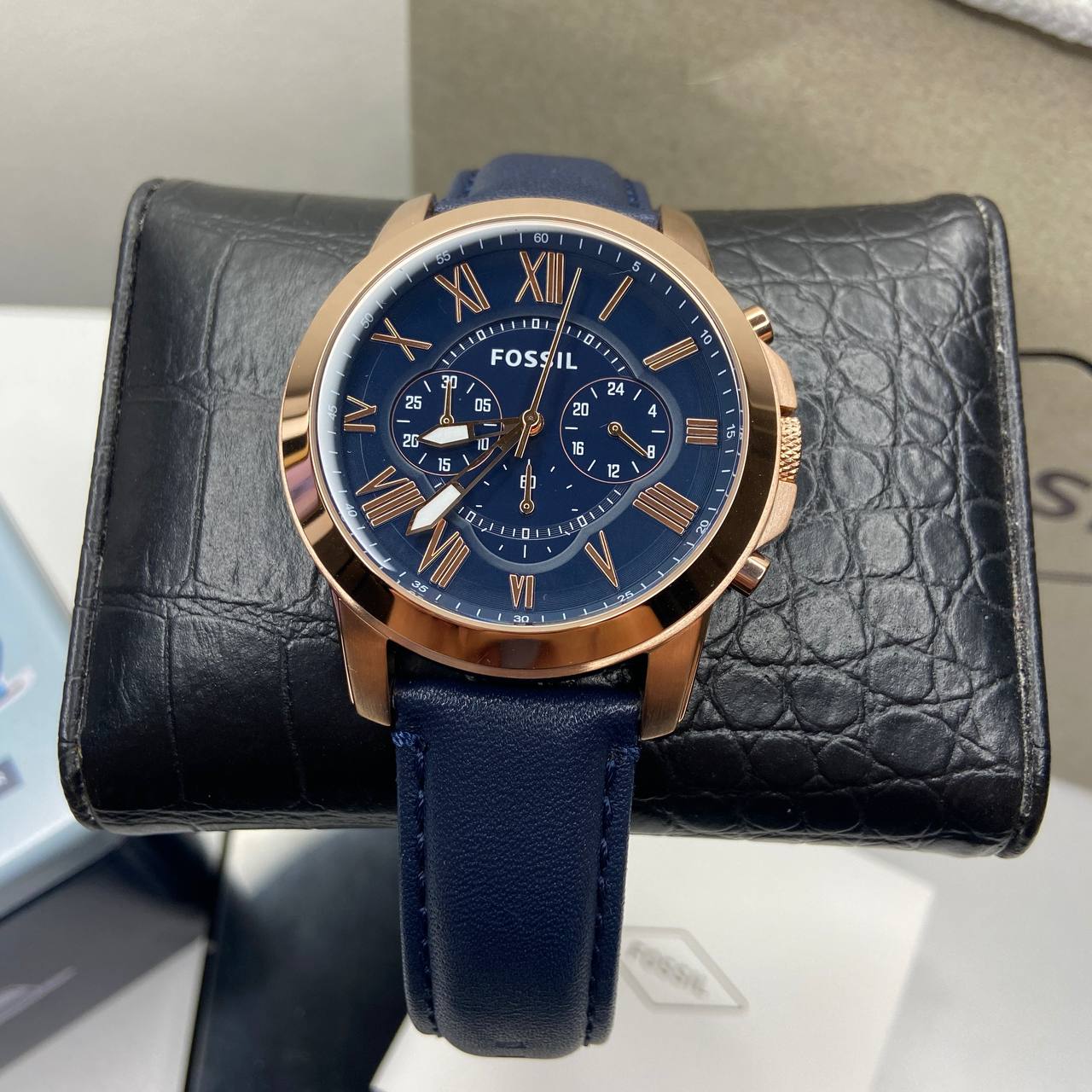 Fossil Grant Chronograph Blue Dial Blue Leather Strap Watch for Men - FS4835 Watches Fossil   