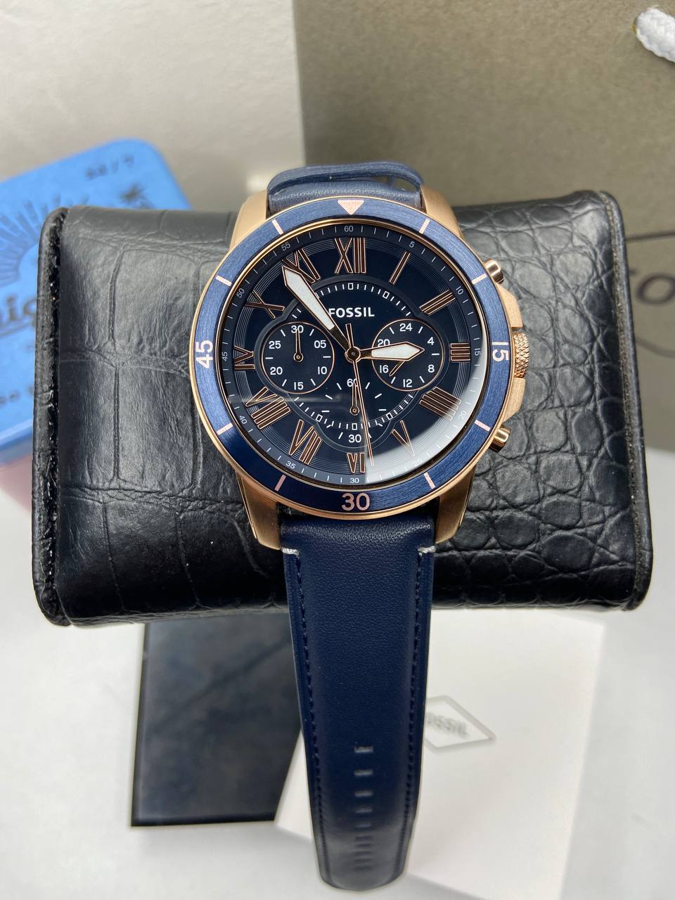 Fossil Grant Sport Chronograph Blue Dial Blue Leather Strap Watch for Men - FS5237 Watches Fossil   