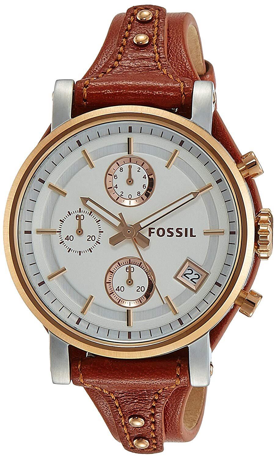 Fossil Boyfriend Chronograph White Dial Brown Leather Strap Watch for Women - ES3837 Watches Fossil   